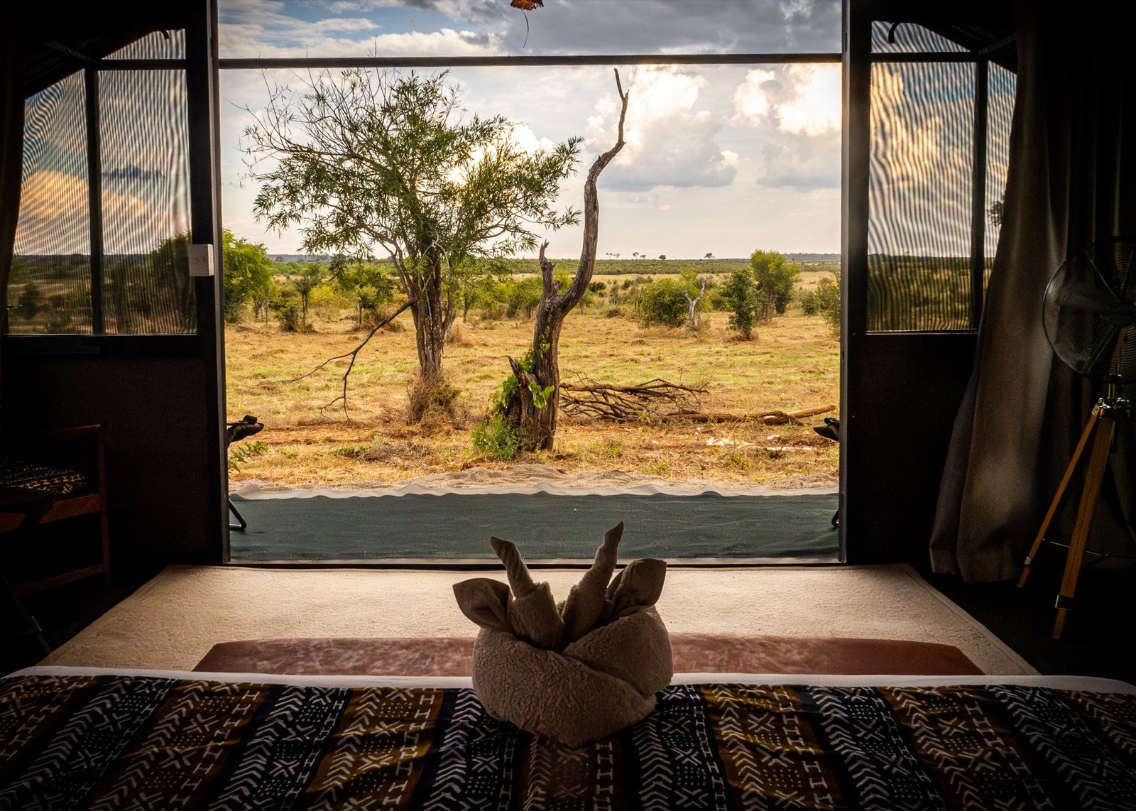 From the bed at Hwange Bush Camp, open doors frame a view of the dry bush