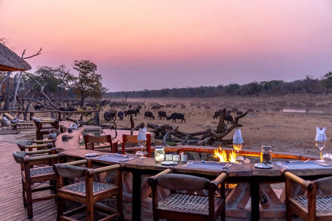 At dusk, dinner sits on the deck at Khulu Bush Camp as game crosses the plain