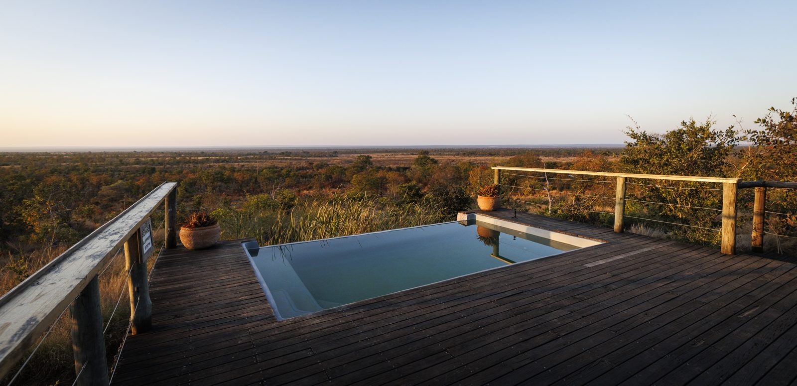 A pool set into the deck, looking out over the bush