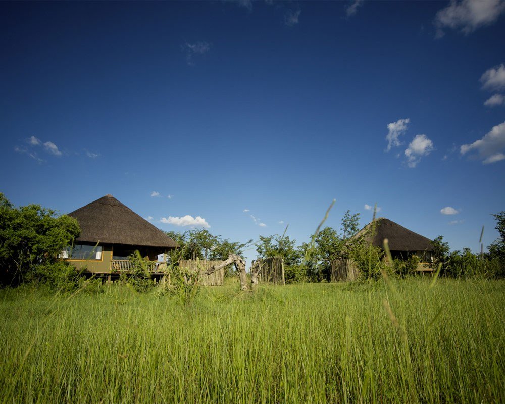 Nehimba Lodge's thatched suites stand above green summer grass