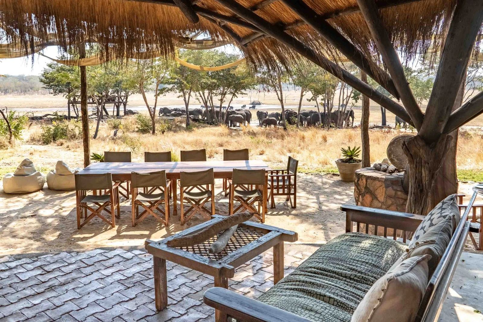 Elephants gather beyond the dining tables in Sable Valley Lodge's open-sided main area