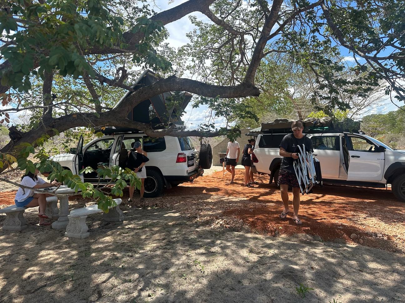Overland vehicles with rooftop tents park in the shade at The Track Shack