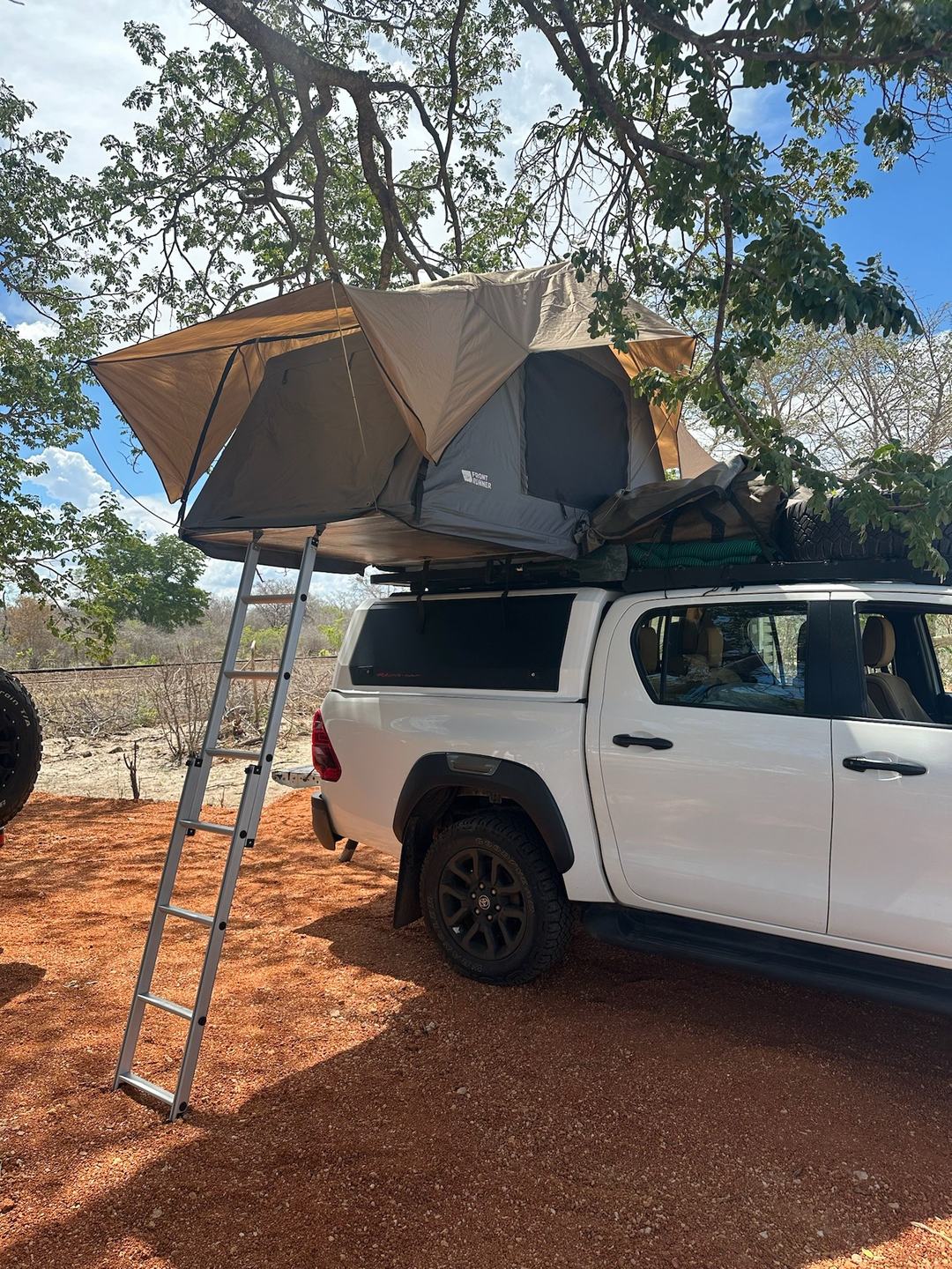 A rooftop tent unfolds on a pickup under a large tree at The Track Shack