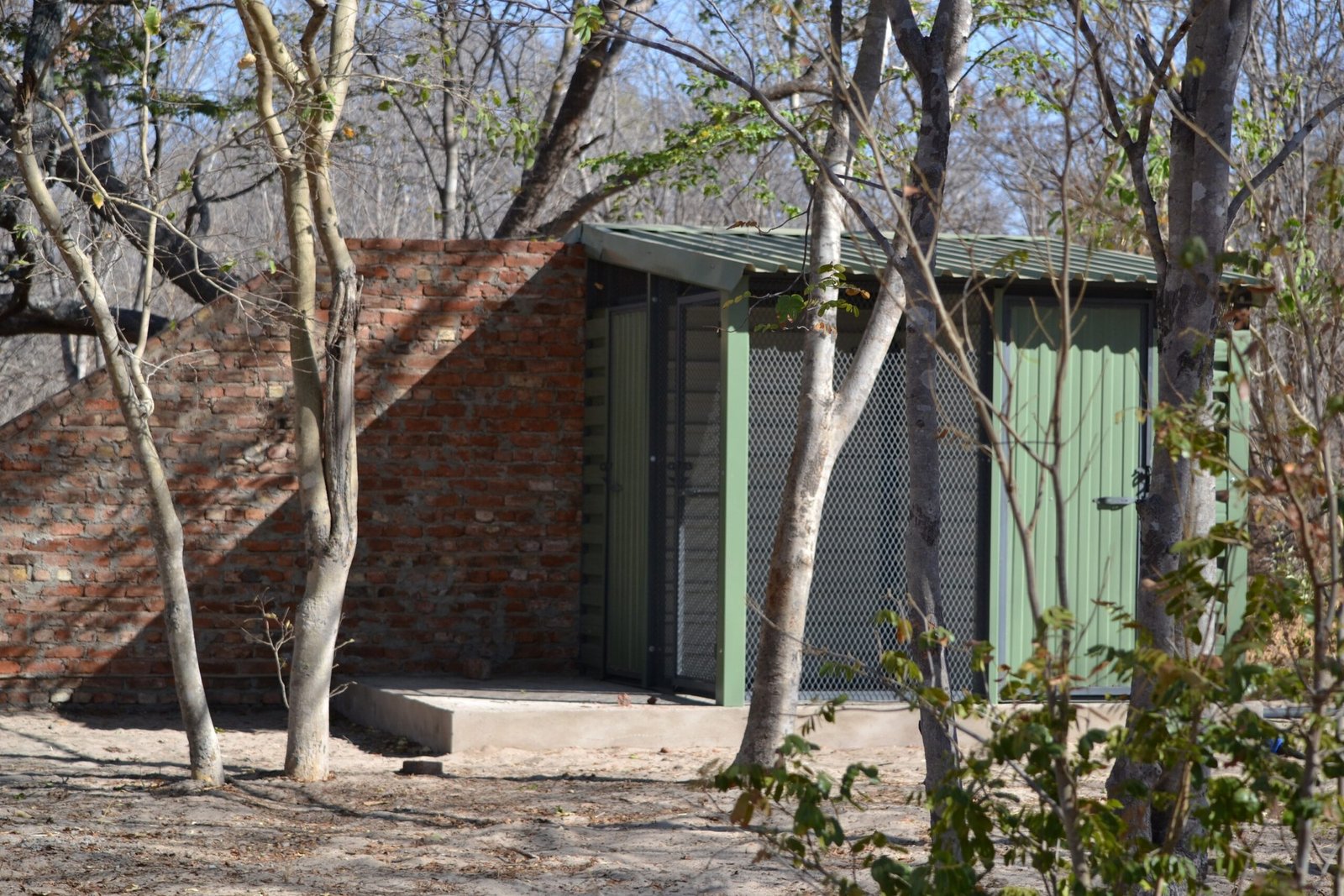 The Track Shack's brick ablution block has green doors among the trees